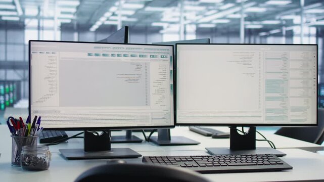 PC displays in a server room support machine learning training with code lines, AI processing and data center computing resources for massive datasets.