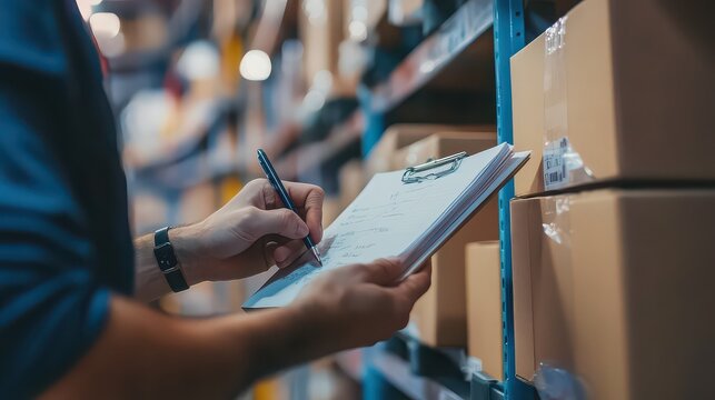 Warehouse worker meticulously records inventory counts on a clipboard while standing in a busy distribution center surrounded by cardboard boxes stacked on metal shelving units for efficient.
