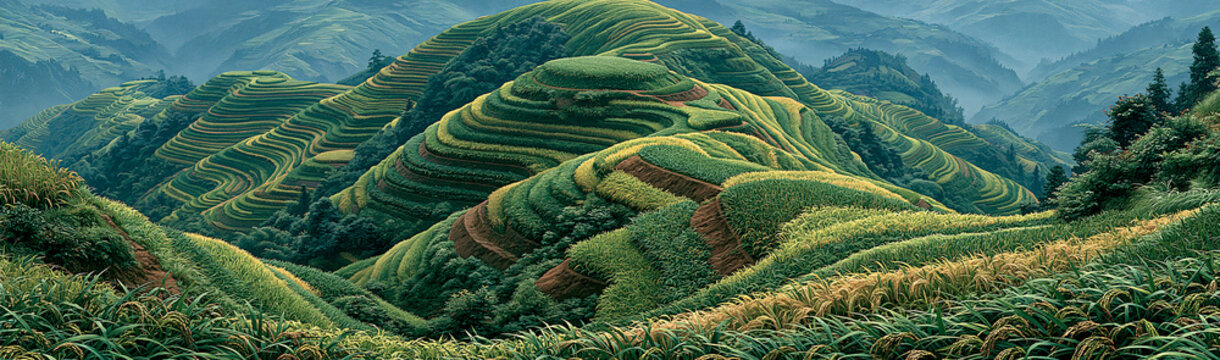 Terraced Rice Fields: Majestic mountains draped in verdant, meticulously carved terraced rice fields, a testament to human ingenuity and agricultural harmony with nature. The rolling hills.