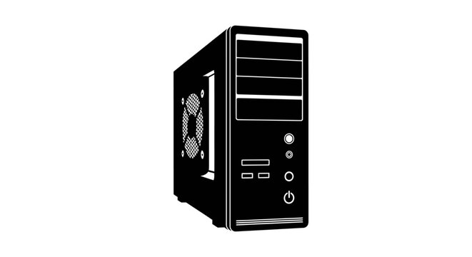 Computer tower silhouette against a white background monochrome graphic