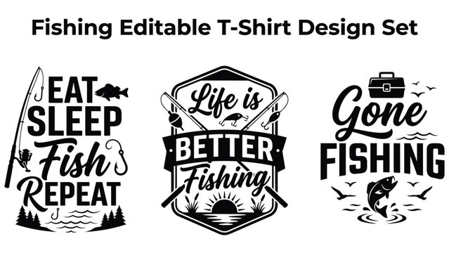 Fishing Editable TShirt Design Set with Various Illustrations and Catchphrases