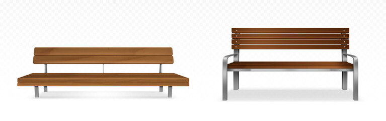 Wooden park benches with backrest, 3d realistic vector illustration isolated on transparent background, front view. Classic garden long seats, outdoor furniture design with shadow, street settee icons © klyaksun