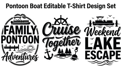 Pontoon boat editable t shirt design set with lake escape and family adventures graphics © AbdullahAl