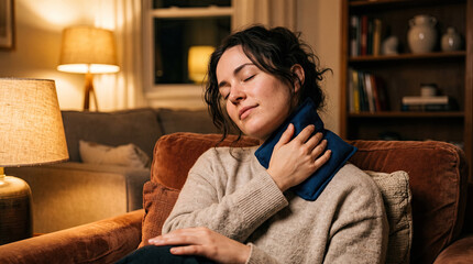 Obraz premium Young woman finding relief with a cold compress on her neck at home