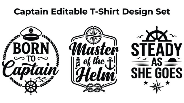 Nautical captain editable tshirt design set with anchor and steering wheel graphics