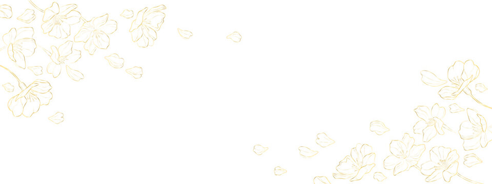 Elegant white floral background with gold flower outlines, flying petals,, abstract minimal vector frame with blossom pattern for wedding invitation, spring card pattern, botanical corner border