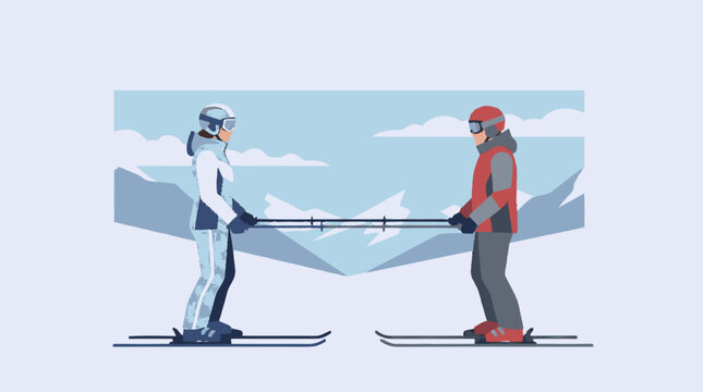 Flat design illustration of a stylized skier wearing a blue and white 