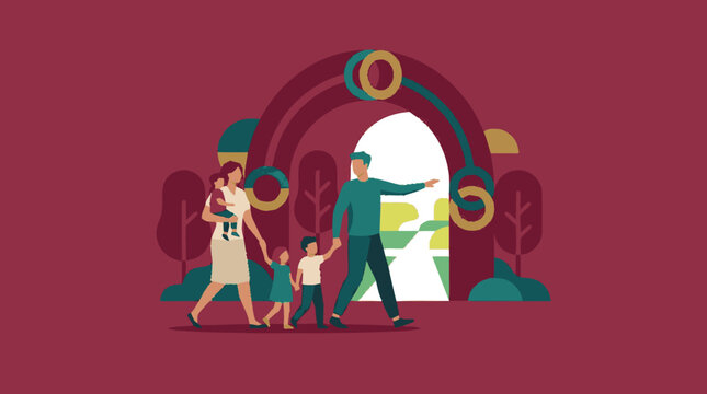 Flat design illustration of a stylized woman carrying a baby and holdi