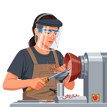 Female Wood Turner Shaping Bowl on Lathe Machine