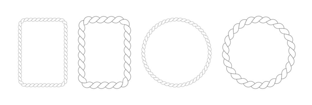 Round rope curve symbol collection. Pattern rope brush. Hexazon, square, oval and heart shape in sea sailor theme, nautical rope collection, flat vector illustration.Vintage nautical braided cord.