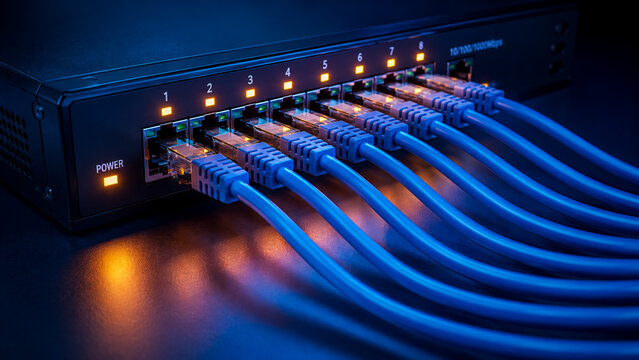 Network switch with connected ethernet cables and led lights.
