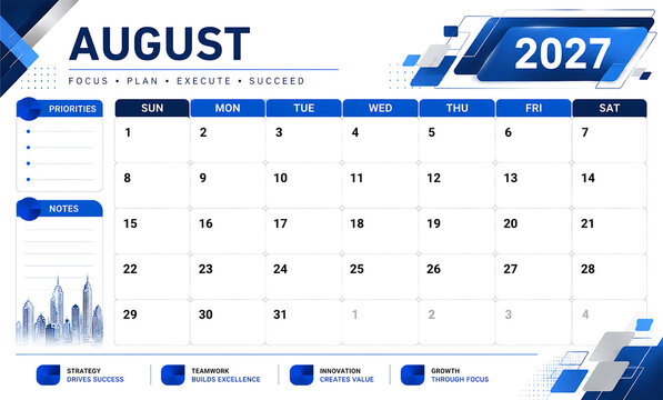 August 2027 Desk Calendar Planner Template