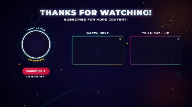 Vibrant animated YouTube end screen with 'Thanks for watching' text and video recommendation placeholders.