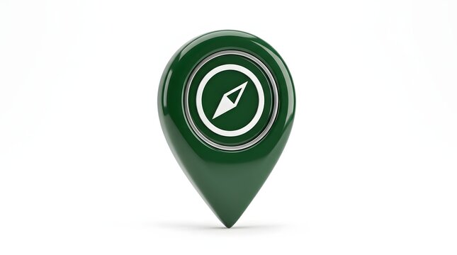 Green map pin icon with a navigation compass symbol isolated on a white background