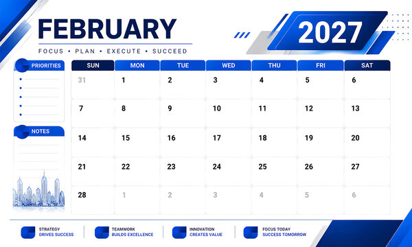 February 2027 Desk Calendar Planner Template, Modern Corporate Monthly Calendar with Goal Planning Layout
