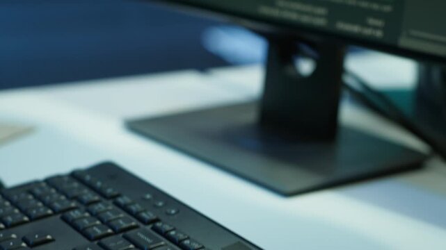 Computer peripherals monitors cybersecurity risks inside a server farm with a computer monitor, connecting network security and data protection with enterprise infrastructure work
