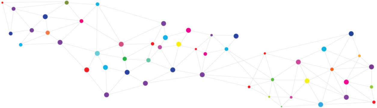 Abstract digital data network background with connected points and lines, colorful nodes for ai, blockchain, fintech, internet and technology template. Vector illustration and transparent png