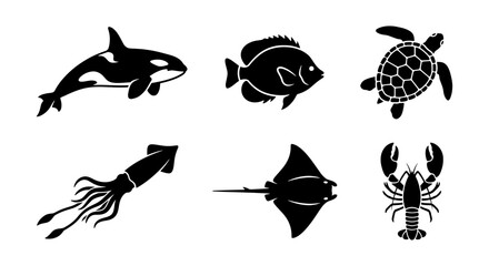 Marine Life Silhouettes Collection: Orca, Fish, Turtle, Squid, Ray, Lobster Icons for Oceanography and Wildlife Design © Emon