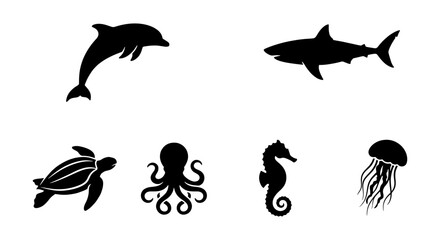 Marine Life Silhouettes: Dolphin, Shark, Turtle, Octopus, Seahorse, Jellyfish Icons, Vector Set for Oceanography and Wildlife Design © Emon