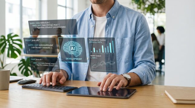 Developer coding with AI brain icon and performance metrics floating above tablet, software development and machine learning optimization workflow