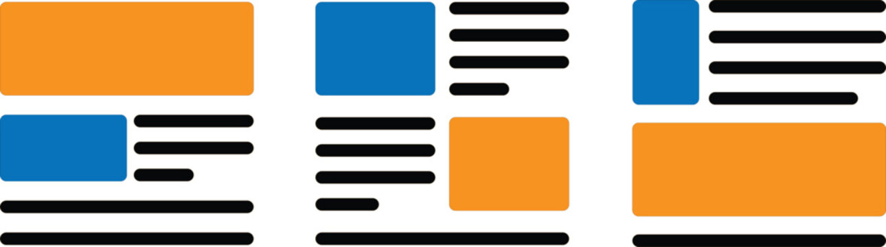Minimalist vector schematic layout diagrams for web interfaces, digital publishing, and blog page formatting