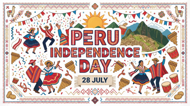 Vibrant celebration poster featuring traditional dance music with cultural patterns _PERU Independence  Day _ 28 July