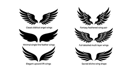 Obraz premium Set of 6 Black Feathered Wing Icons, Angelic and Fantasy Designs, Vector Graphics for Spiritual and Mythological Themes