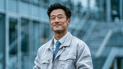 Obraz premium Asian businessman smiles confidently in front of a modern office building, his professional attire reflecting a sense of competence and success.