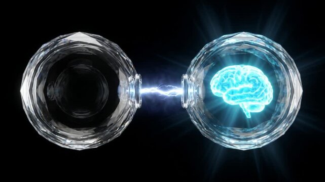 光る脳のシルエットがエネルギービームを通じて別の容器へ転送されるサイエンスCG