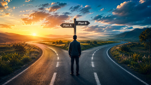 Man standing at a crossroads choosing between plan a and plan b.