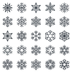 Obraz premium Collection of unique black snowflakes on white background for winter design