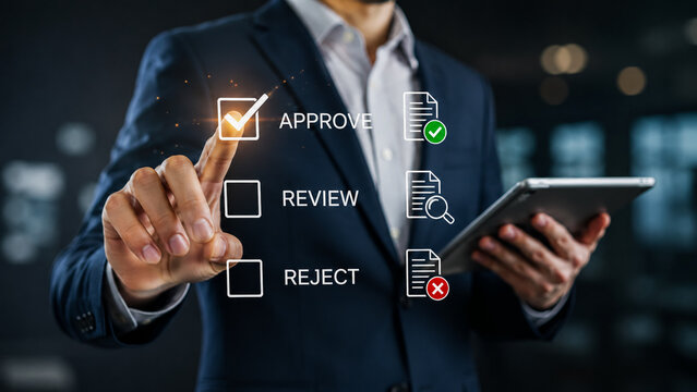 Businessman touching virtual screen to approve document process.