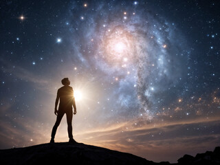 Fototapeta premium man against the backdrop of space, aspiration, contemplation, silhouette, cosmic,