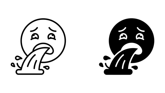 Nauseous Emoji Icon: A graphic representation of a nauseous or sick face emoji, shown in both outline and solid black, with liquid spewing from its mouth.