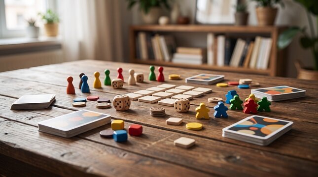 Classic Board Game Pieces on Wooden Table &ndash; Strategy and Family Entertainment Concept