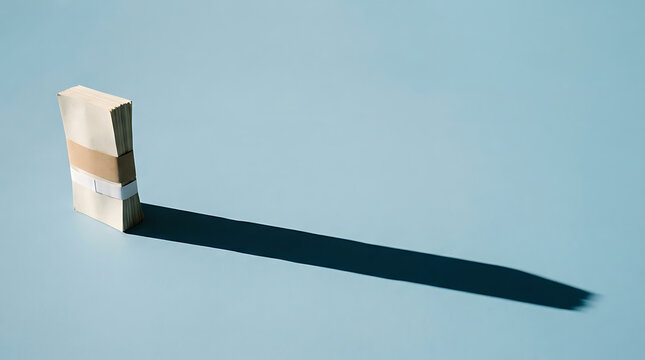 Small tied bundle of sticks casting a long shadow on a minimalist light blue background