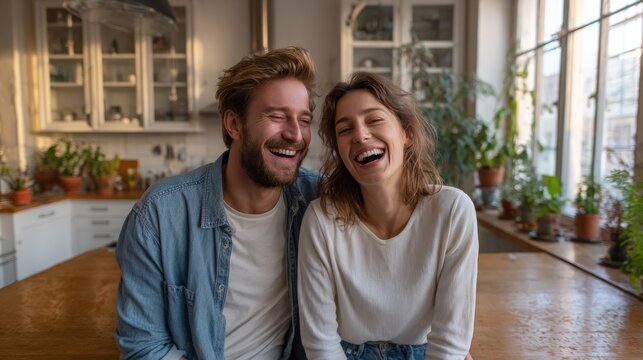 Happy couple laughing and sharing a joyful moment in a sunlit kitchen filled with plants.