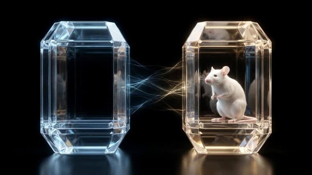 白いマウスがエネルギーに変換され別の容器へ量子テレポーテーションするサイエンスCG