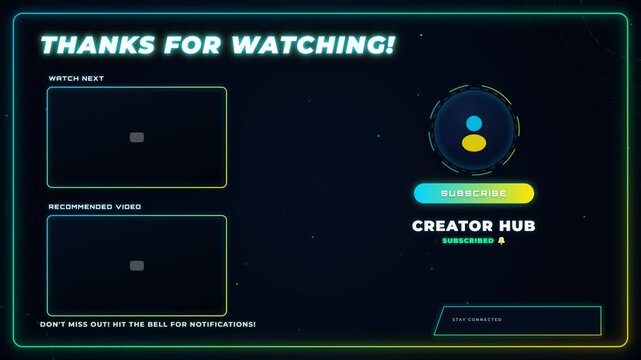 A futuristic neon end screen for social media videos featuring a subscribe button and video placeholders.