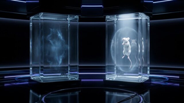 白いマウスがエネルギーに変換され別の容器へ量子テレポーテーションするサイエンスCG