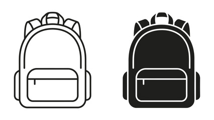 Backpack Icon Set: A minimalist collection featuring two stylized backpack icons, one outlined in black and the other solid black, perfect for educational or travel themes. © Joynob