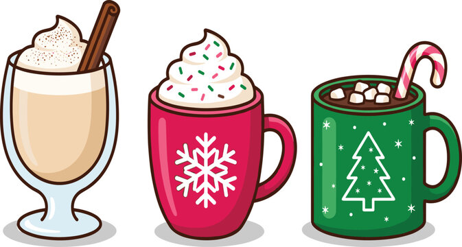 Cozy winter holiday hot drinks vector illustration set featuring eggnog with cinnamon festive snowflake mug and hot chocolate with candy cane.