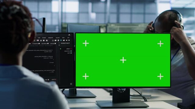 Woman safeguarding servers against viruses using mockup computer while connecting firewall checks, bottleneck diagnosis and data transfer performance.
