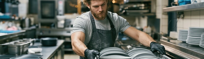 Fototapeta premium Kitchen porter checking clean dishes from commercial dishwasher, working in restaurant back of house