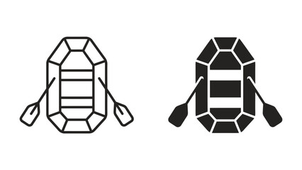 Inflatable Raft Icons: Two stylized icons, one outlined and one filled, depict an inflatable raft with oars, representing adventure and water sports. © Murshida