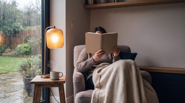 Cozy indoor reading, person relaxing with a book on a comfortable armchair, warm hygge atmosphere, tranquil home leisure activity, comfortable living space.