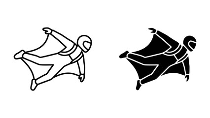Wingsuit Flying Icon: A minimalist illustration depicting a person in a wingsuit, mid-flight, symbolizing extreme sports and adventure. © Md