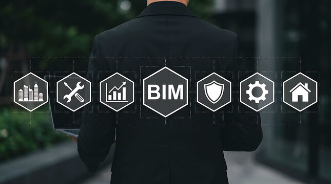 Businessman holding laptop with BIM building information modeling icons