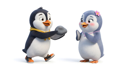 Obraz premium Two Cute Baby Penguins Interacting on White Background