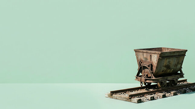 Antique industrial rusty mining cart placed on a short railway track with a minimalist light green background